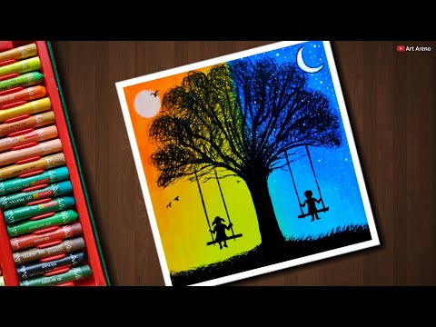Day and Night scenery drawing for beginners with Oil Pastels - step by step - Популярные видеоролики!